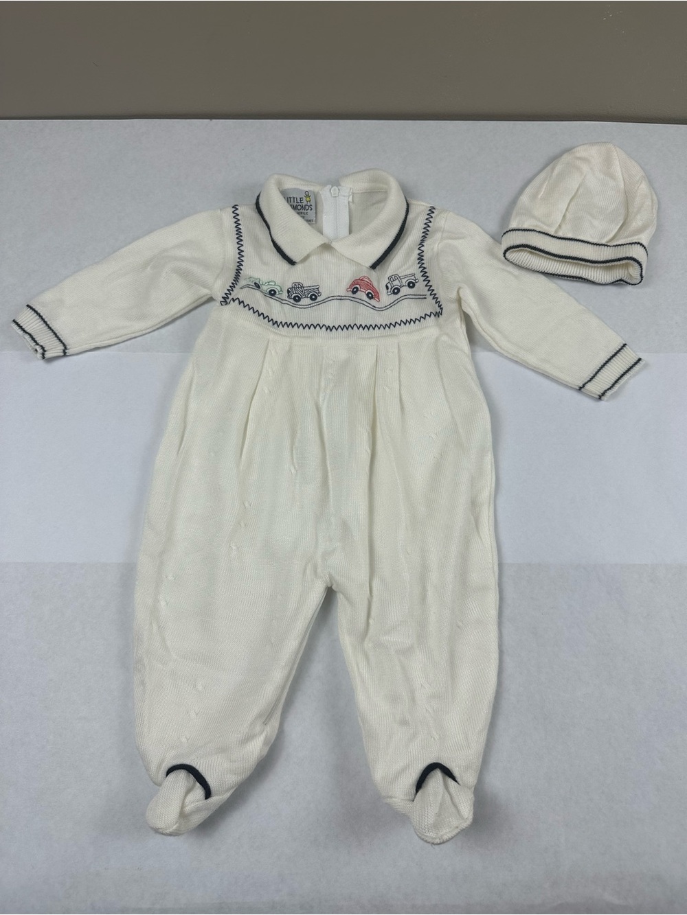 Little Diamonds Knit Baby Footie with Navy Trim and Car Motif- 6 Months
